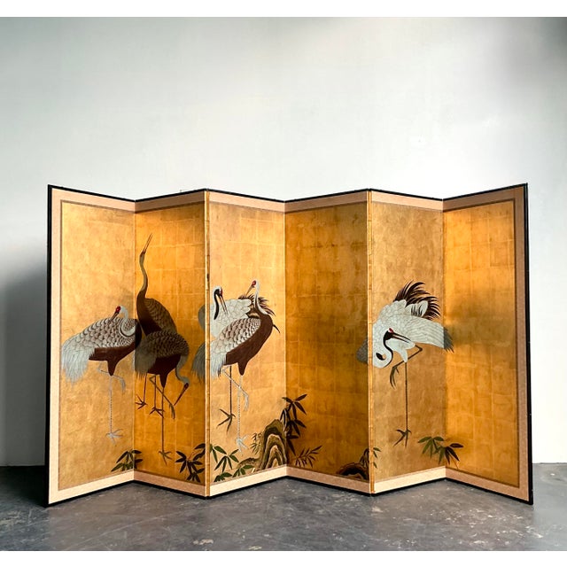 Gold Vintage Asian Gold Leaf Crane Folding Screen For Sale - Image 8 of 12