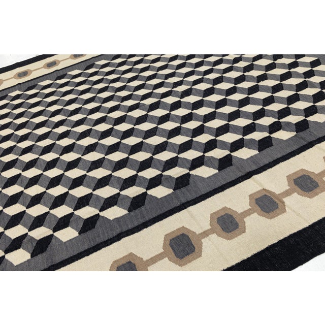 Textile Modernist Navajo Style Geometric Flatweave Wool Rug With Optical Cube Pattern For Sale - Image 7 of 12