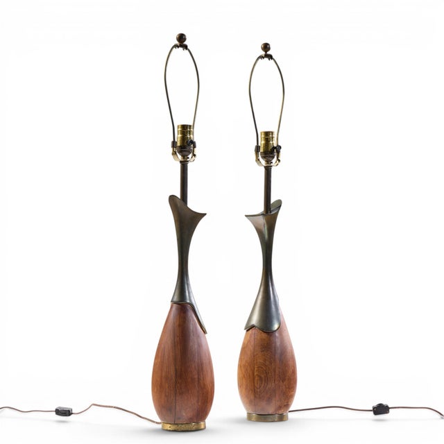 Tony Paul for Westwood Industries Mid Century Walnut and Brass Lamps - Pair Each lamp measures: 5 wide x 5 deep x 32...