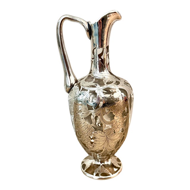 Circa 1900 Sterling Silver Overlay Glass Pitcher With Grapevine Design For Sale