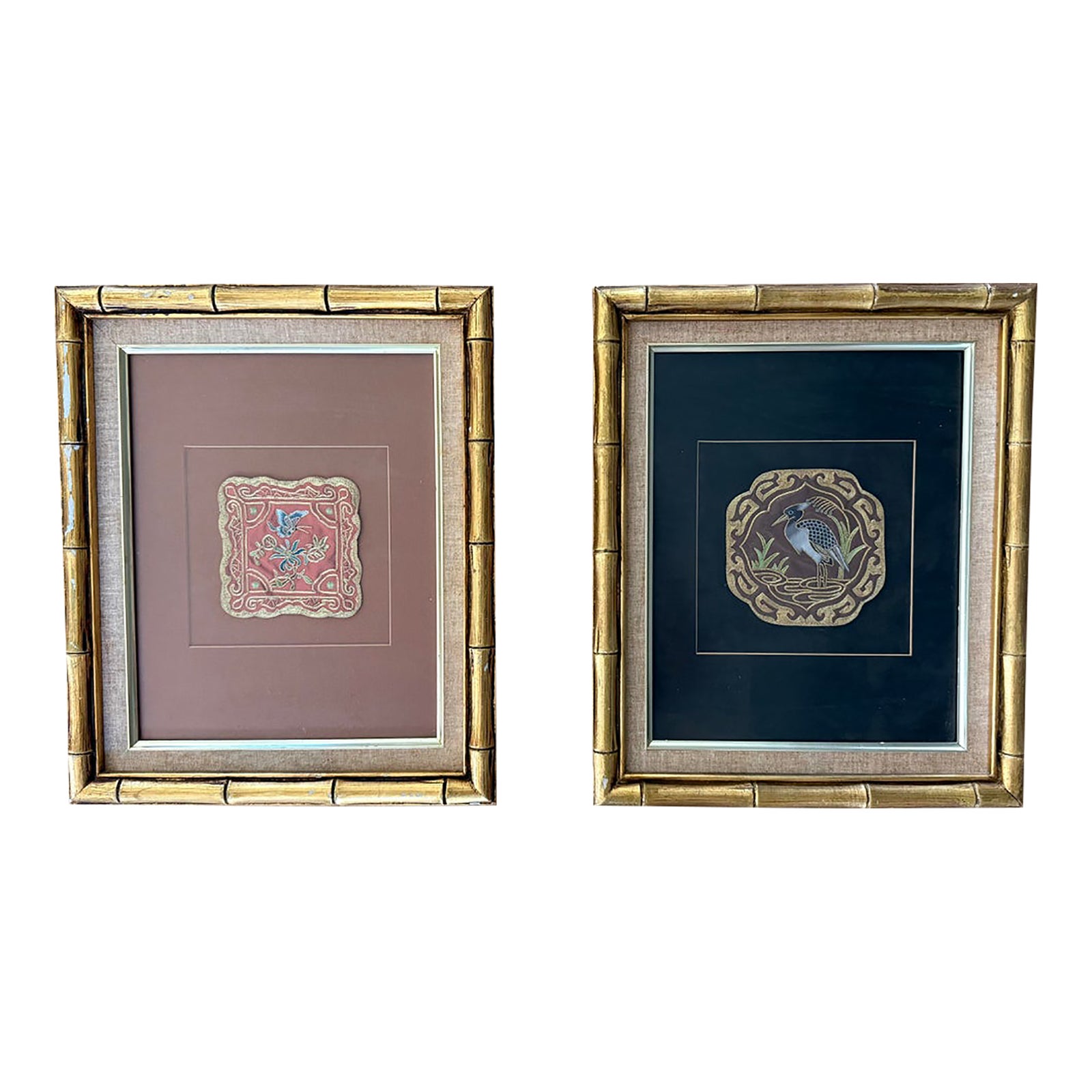 Pair of Vintage Framed Chinese Textile Art in Faux Bamboo Frames | Chairish