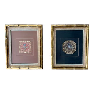 Pair of Vintage Framed Chinese Textile Art in Faux Bamboo Frames For Sale