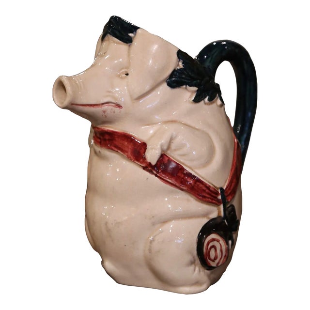 Early 20th Century French Painted Ceramic Barbotine Pig Pitcher, Signed Orchies For Sale