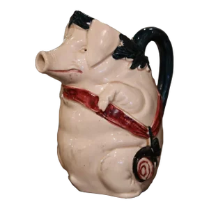 Early 20th Century French Painted Ceramic Barbotine Pig Pitcher, Signed Orchies