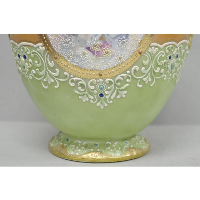 Ceramic Antique Nippon Hand Painted Porcelain Green Moriage Twin Handle Portrait Vase For Sale - Image 7 of 17