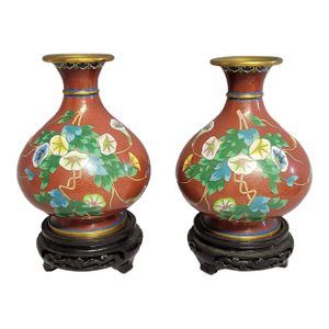 Pair of Mid-Century Chinese Cloisonné Bottle Vases With Morning Glory Vines