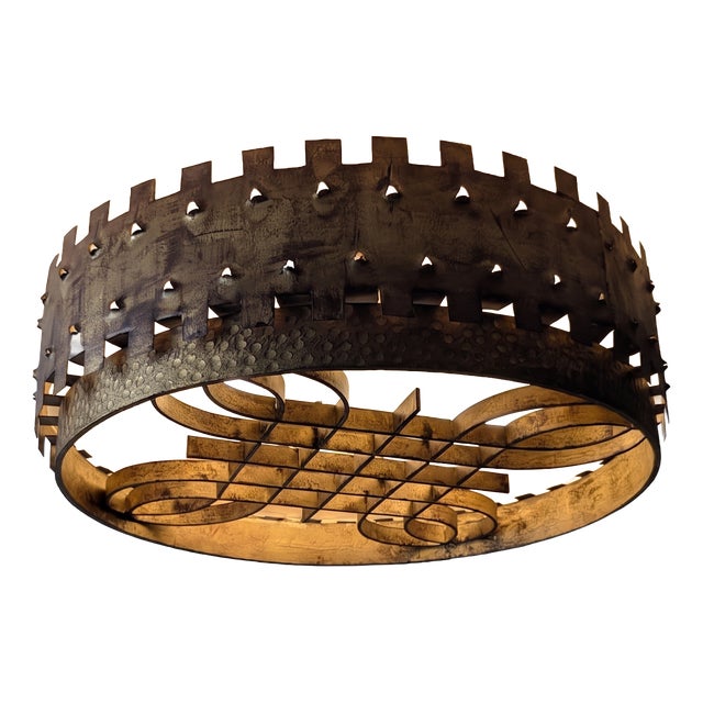 Mid-Century Brutalist Ceiling Lamp in Gilded Wrought Iron, 1940s For Sale