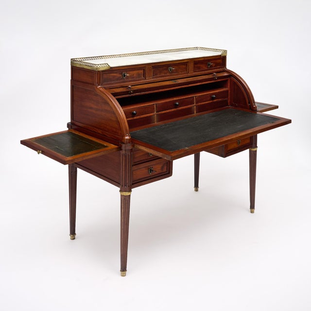 French Louis XVI Style Cylinder Desk, Cuban Flamed Mahogany, 1890s For Sale - Image 3 of 10