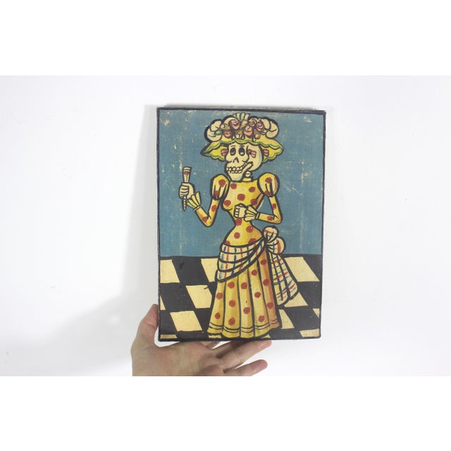 Blue Vintage Mexican Day of the Dead Folk Art Painting For Sale - Image 8 of 11