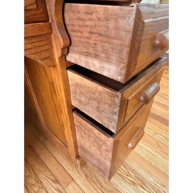 Mid 20th Century Arts & Crafts Raised Panel Oak S Roll Top Desk on Casters For Sale - Image 12 of 12