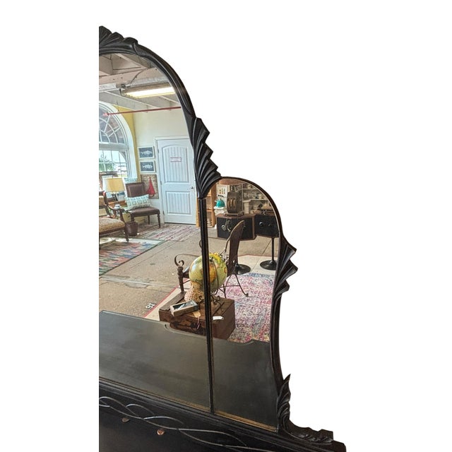 Black Vintage Black Art Deco Vanity With Three-Part Mirror, Carved Wood & Ring Pull Hardware For Sale - Image 8 of 10
