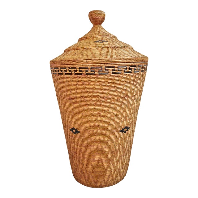 Large Vintage Sumatra Tribal Boho Woven Basket W/Lid For Sale