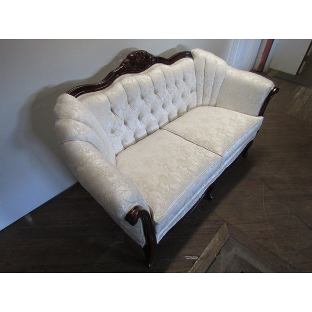 Item : Harris furniture mahogany framed French style loveseat. Age: 1980's. Details: Beautifully carved back and sides....
