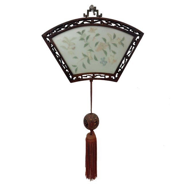 Light Green Early 20th Century Vintage Chinese Fan-Shaped Wall Plaque With Tassel For Sale - Image 8 of 10