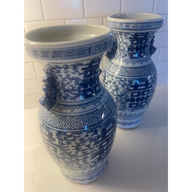 Asian Antique Pair of 16" Double Happiness Blue/WHT Vases For Sale - Image 3 of 5