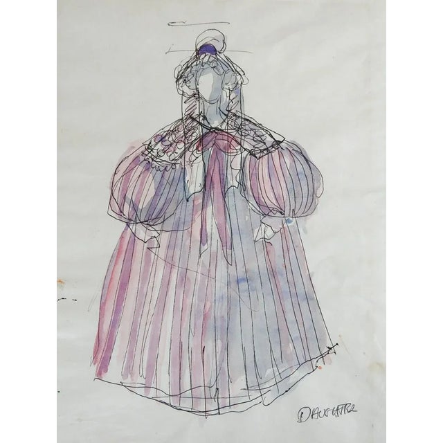 Pair of vintage mid 20th century watercolor and ink on paper theater costume designs. Period costumes for Daughter in...