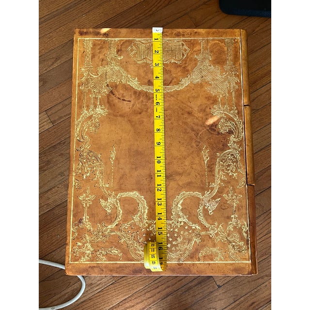 Small Leather Top, Cherry Coffee Table, Louie the XV Revival / Cabriole Legs / Gold Embossed Leather Top, Intricate Gold Marquetry, 1950-60’s For Sale - Image 4 of 12
