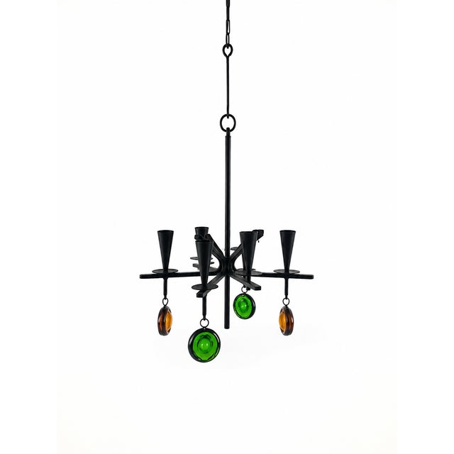 1960s Wrought Iron 4-Arm Candle Chandelier with Green and Amber Glass Pendants by Gunnar Ander for Ystad-Metall, Sweden, 1960s For Sale - Image 5 of 10