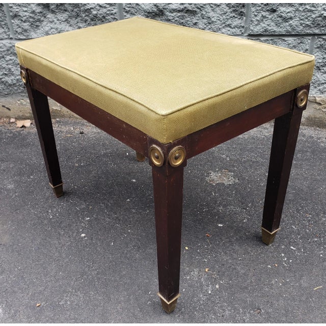 Mid-Century Modern 1940s Mahogany and Upholstered Bench With Brass Capped Legs and Medallions For Sale - Image 3 of 8