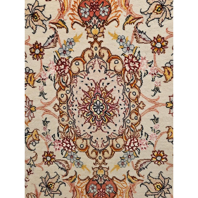 Vintage Persian Tabriz Runner, Fine Hand-Knotted Wool & Silk, Floral Design, Ivory & Red, 3x11 For Sale - Image 14 of 16