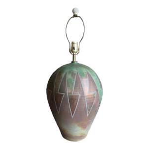 1970s Large R. Kevin Kelley Pottery Lamp Original Copper Green Glaze Arrow Bolt Design Studio Vessel California