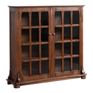Mission Solid Oak Double Door Bookcase - Walnut For Sale