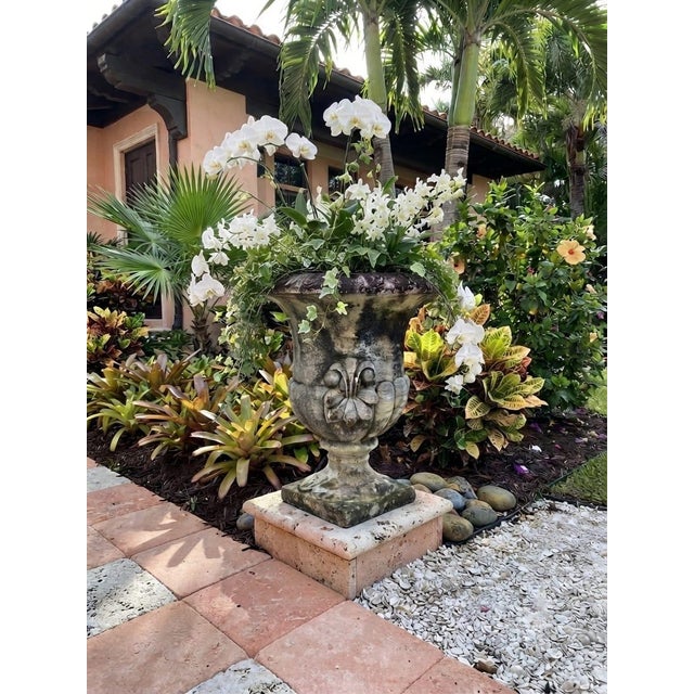 Vintage Classical Cast Stone Garden Urn With Fleur-De-Lis Relief & Weathered Patina For Sale - Image 10 of 12