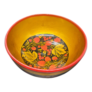 Vintage Hand Painted Lacquered Wooden Russian Bowl 7” Diameter