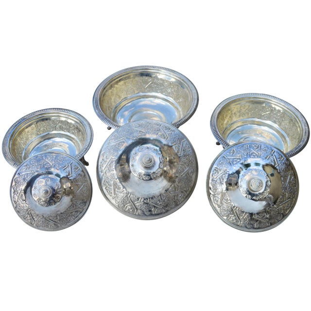 Mid 20th Century Mid 20th Century Handcrafted Moroccan Engraved Lidded Bowls- Set of 3 For Sale - Image 5 of 9