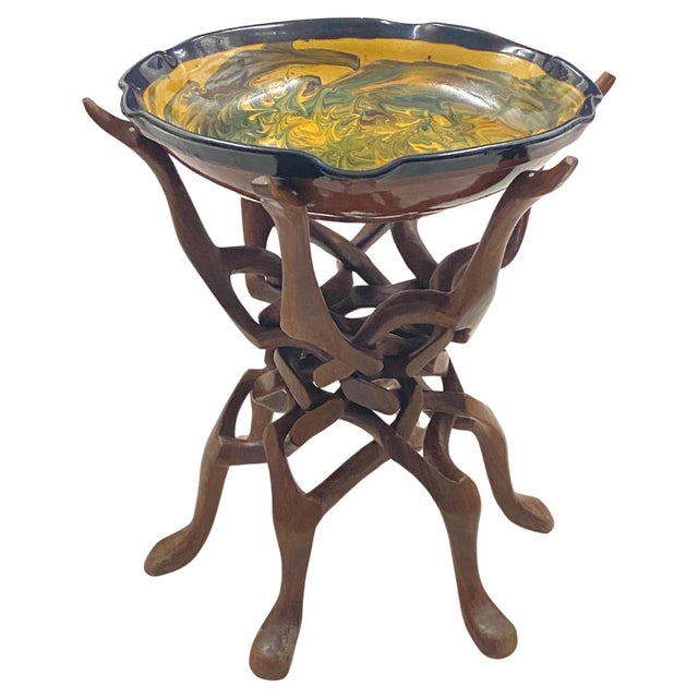 Large Ceramic Vide Poche on Tripod Base in Wood with Sculpted Birds, France, 1960s For Sale - Image 14 of 14