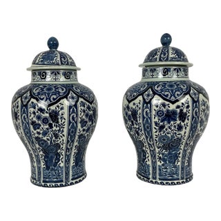 1940s Delft Blue and White Ginger Jar Urns- a Pair For Sale