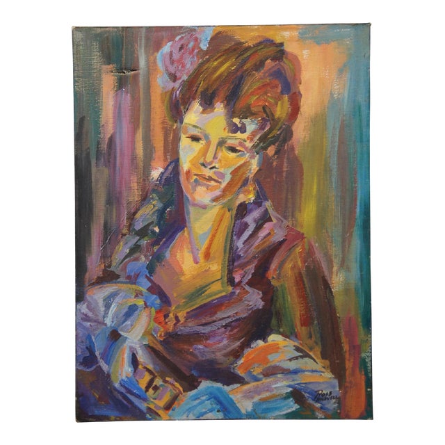 Mid 20th Century Ross Kinduell Expressionist Victorian Woman Portrait Oil Painting For Sale