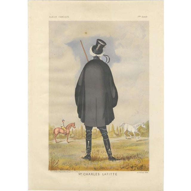 French Belle Époque Racing Caricature, Mr Charles Lafitte Chromolithograph, 1884 This elegant French chromolithograph...
