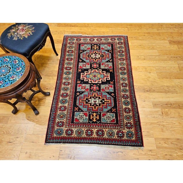 Vintage Persian Kurdish Rug, Hand-Knotted Wool, Geometric Pattern, Navy & Tan, 3x5 For Sale - Image 11 of 18