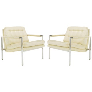 Polished Aluminum & Linen Lounge Chairs in the Manner of Harvey Probber - a Pair For Sale