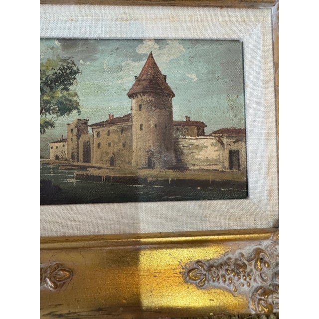 Stunning and exquisite set of four antique miniature Italian Architectural motif original oil paintings with wood plaster...