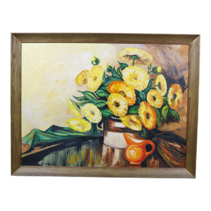 Late 20th Century B. Rhodenbeck Floral Bouquet Still Life Oil Painting on Canvas Vase 44"