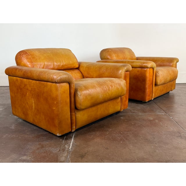 Vintage 1970's Italian Cognac Leather Lounge Chairs For Sale In Los Angeles - Image 6 of 16