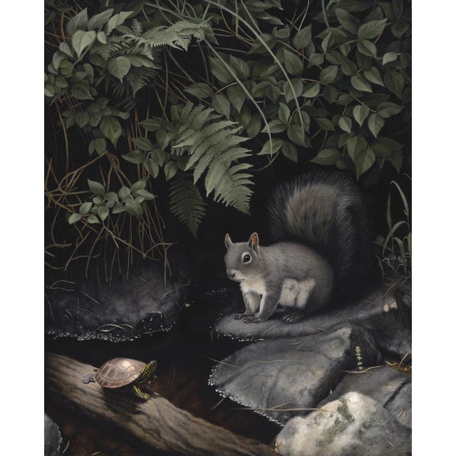 "Turtle and Squirrel" is an oil on panel painting by Susan McDonnell, completed in 2020. A gray squirrel crouches on a...
