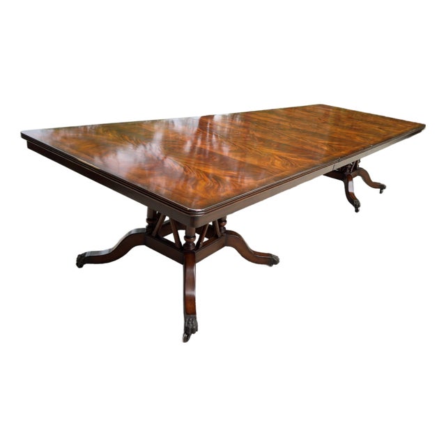Grand Matchbook Flame Mahogany Pedestal Claw Foot Dining Table For Sale