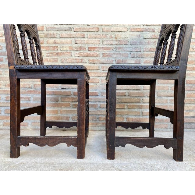 Set of Early 20th Century Spanish Carved Chairs with Wood Seat, 1890s For Sale - Image 6 of 15
