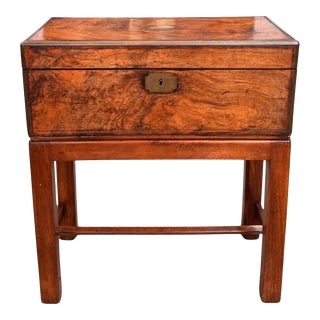 Antique Georgian Burl Walnut Lap Desk Box on Stand Side Table For Sale