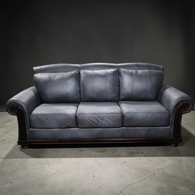 Restored Dark Charcoal Leather Sofa & Club Chair Set – Classic Rolled Arm Design For Sale - Image 10 of 11