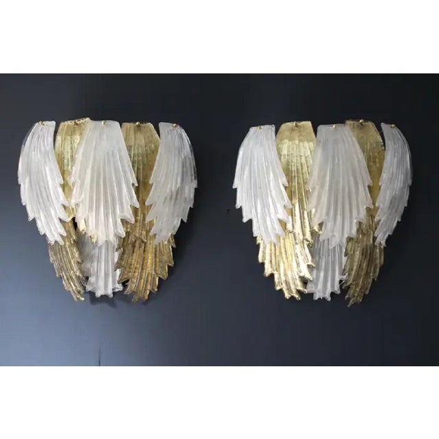 Gold and White Murano Glass Sconces in Leaf Shape, 1980s, Set of 2 For Sale - Image 7 of 18