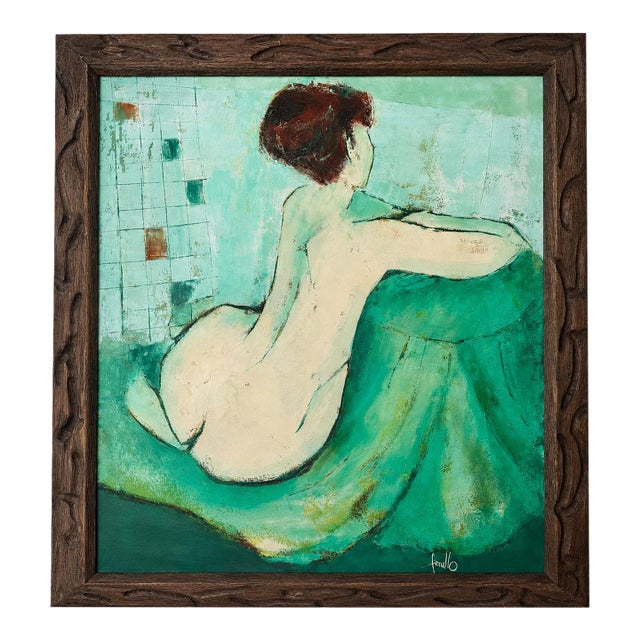 Mid-Century Edith Ferullo Original Nude Painting in Hand-Carved Wood Frame For Sale