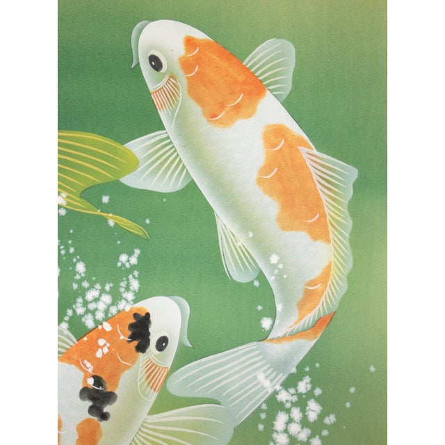 "Dancing Carps" by Akimitsu Sataka, Japanese Silk Scroll Painting in Original Wooden Case For Sale - Image 9 of 18