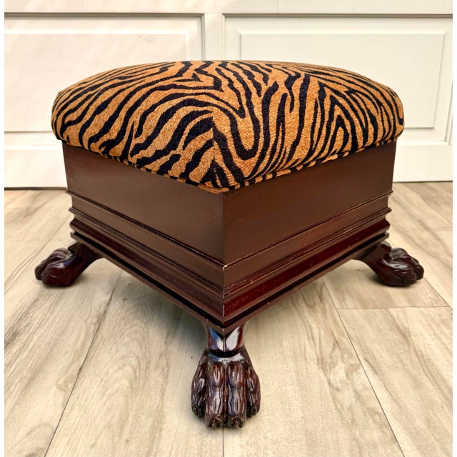 Mid-Century Regency Revival Paw Foot Ottoman in Tiger Upholstery For Sale In Los Angeles - Image 6 of 11