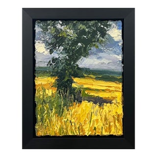 Impasto Oil Painting of Oak Tree in Yellow Corn Field in the English Countryside For Sale