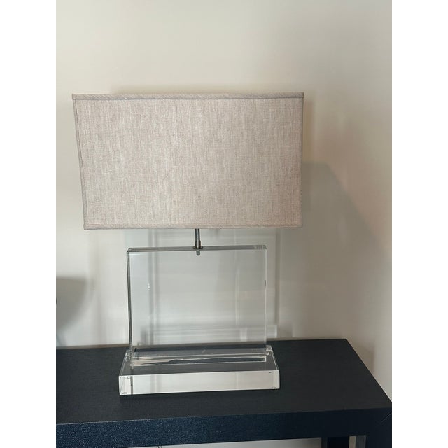 Contemporary Designer Modern Acrylic Block Table Lamp With Rectangular Fabric Shade – Minimalist Elegance For Sale - Image 3 of 8