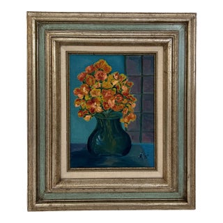 Floral Still Life Original Oil Painting in Silvered Aqua Frame For Sale